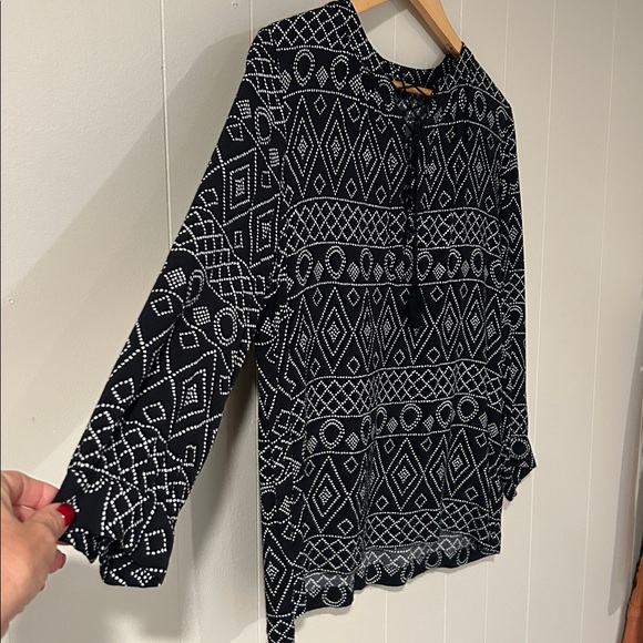 Madewell Lace-Up Boho Peasant Blouse Black White Caravan Print Small - Picture 3 of 10